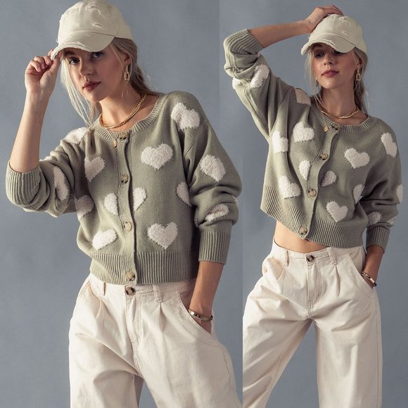 NEW Sage Green Fuzzy Hearts Long Sleeves Button Front Sweater Knit Crop Cardigan - Picture 8 of 11